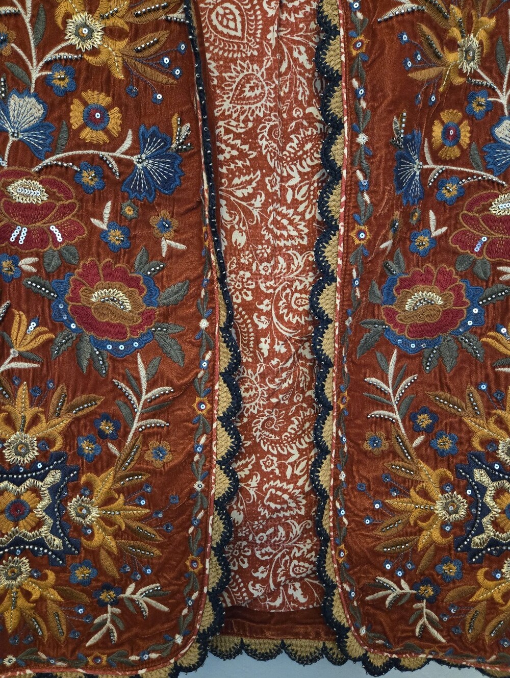 John Mark Embroidered Velvet Beaded Floral And Patchwork Plaid Open Front Vest - Picture 5 of 6